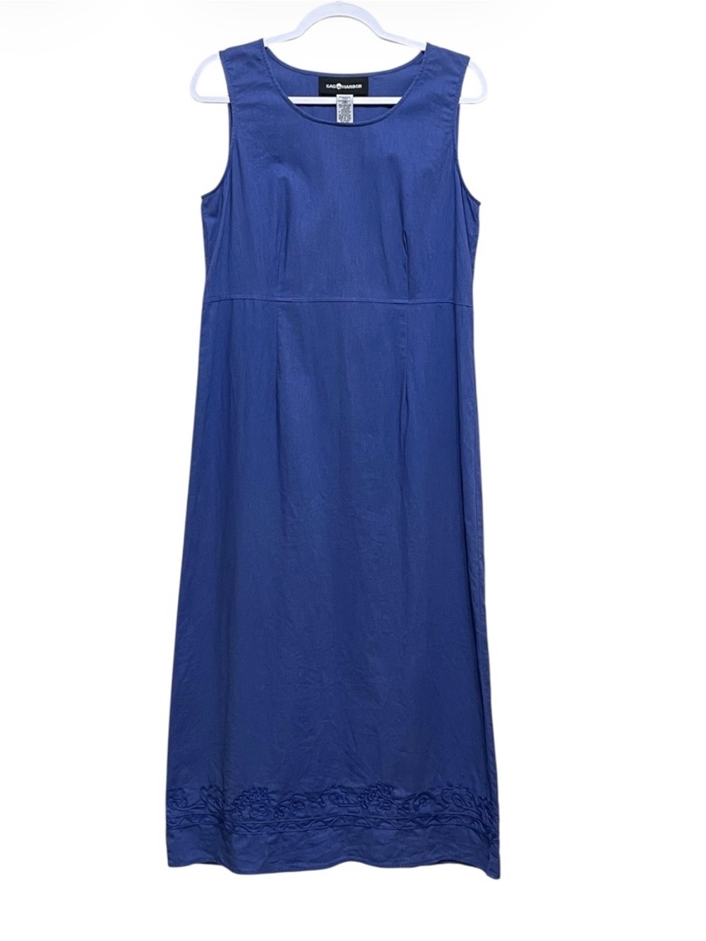 Sag Harbor Linen Cotton Blue Maxi Dress Embroidered Detail Coastal Summer Size S
